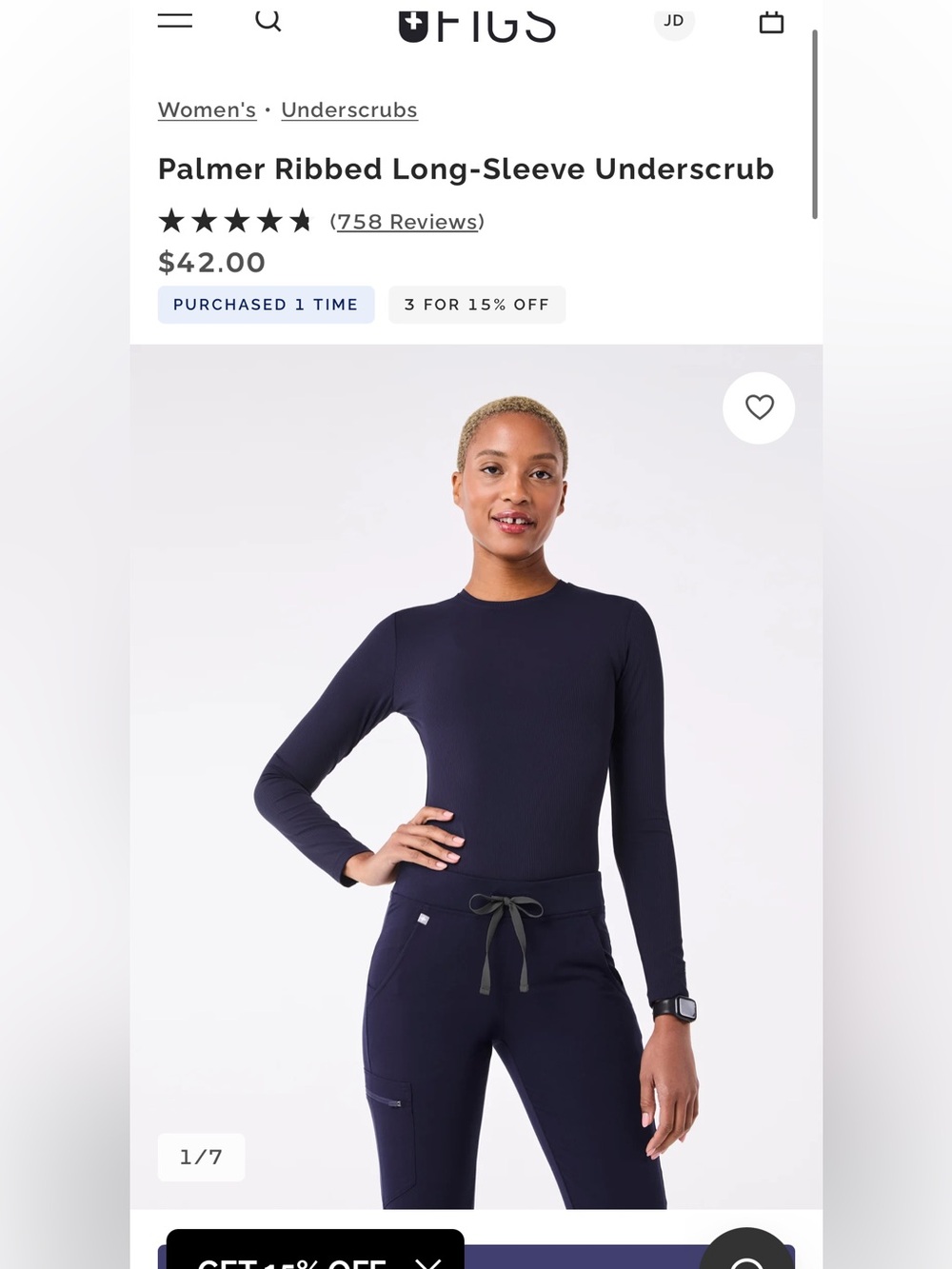 Figs Women's Long-Sleeve Crewneck Top in Navy